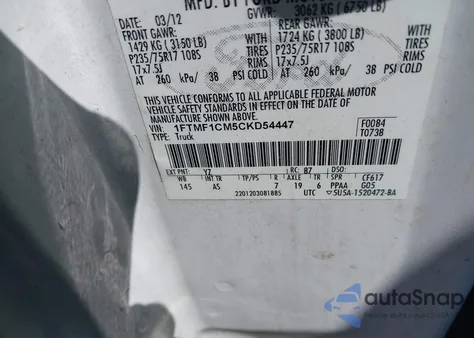 2012 Ford F-150 Xl from USA, damaged, VIN 1FTMF1CM5CKD54447